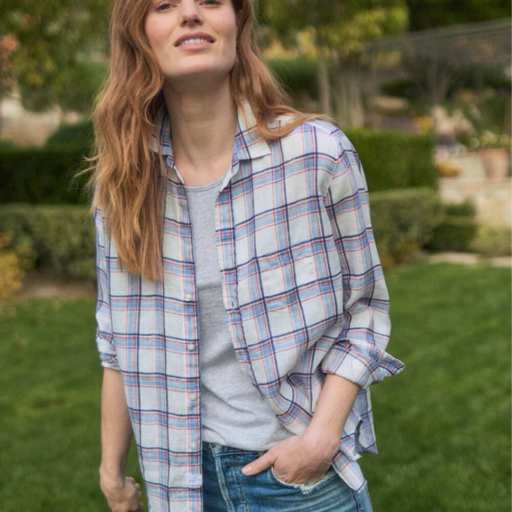 Frank & Eileen Women's Linen Shirt Small White Plaid Relax Button Up Long Sleeve